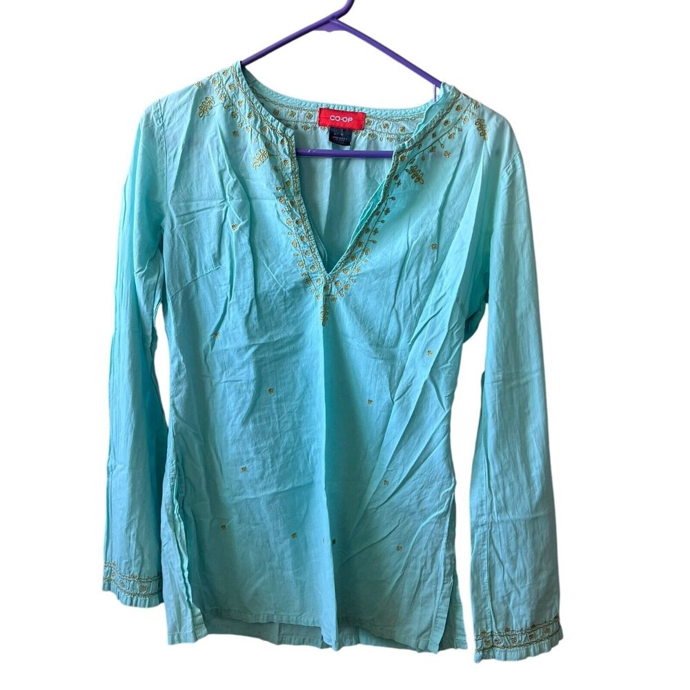 CO-OP Tunic Long Sleeve Womens Sz. Medium Light Blue Cotton‎ Gold Embroidered